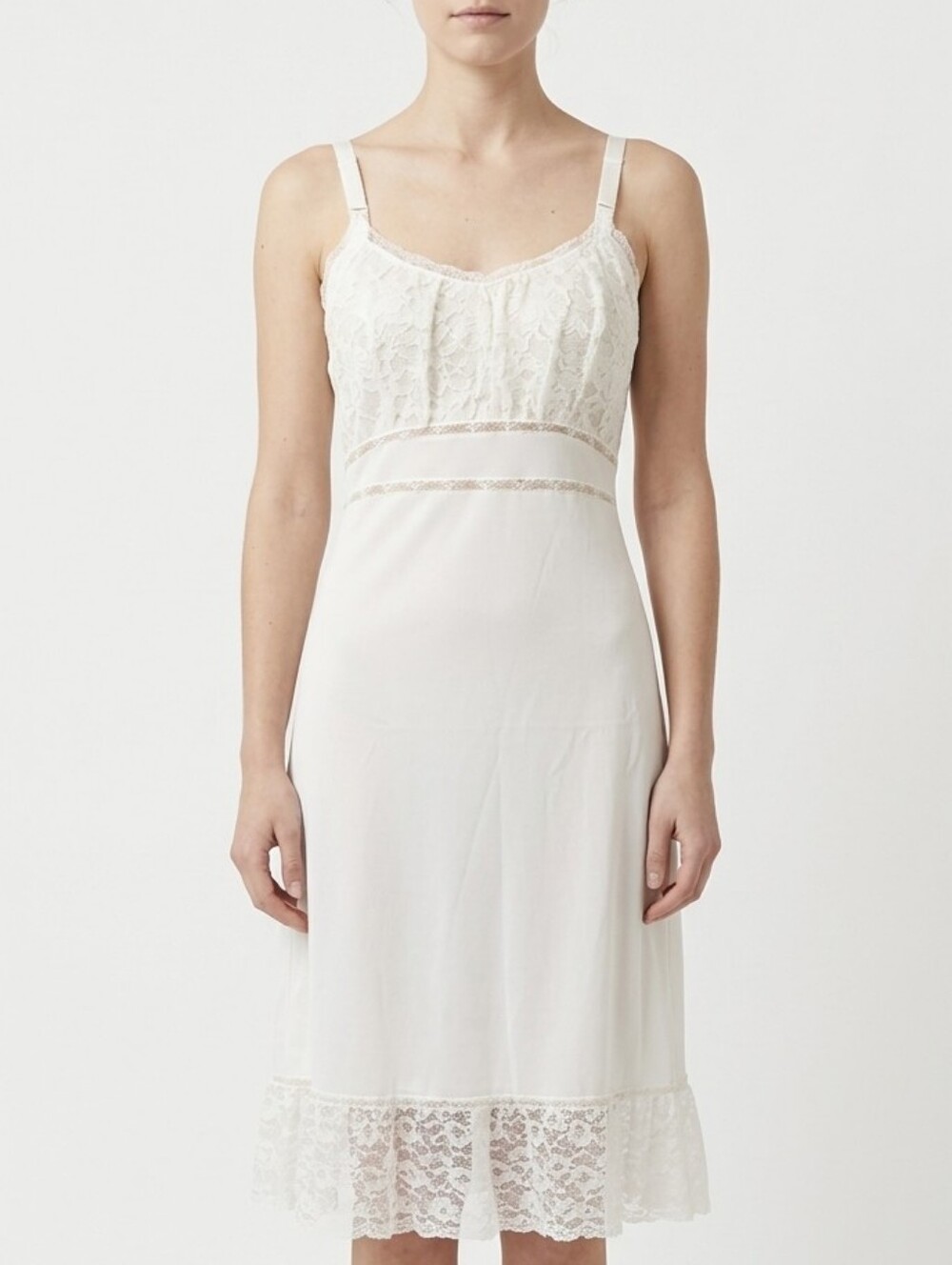 Vtg MCM Ivory White Classic Nylon Lace Bodice & Trim Full Slip Dress Lingerie